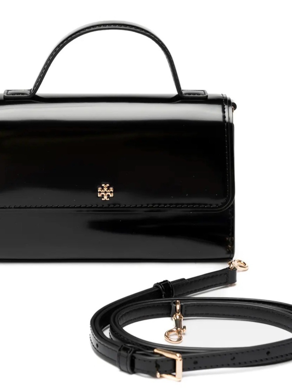 Tory Burch Black Patent Mini Top-Handle Crossbody with Gold Hardware